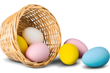 A small, colorful Easter basket filled with assorted, brightly colored eggs. The basket is also decorated with a yellow ribbon.